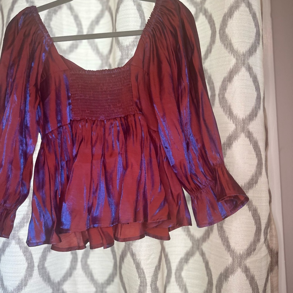 Entro Red and Blue Ruched Ruffled Blouse - Picture 2 of 2
